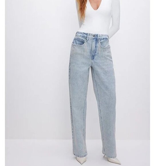 Good American Denim - NWT $179 Good American 90's Diamond Fringe Relaxed Jeans Size 14